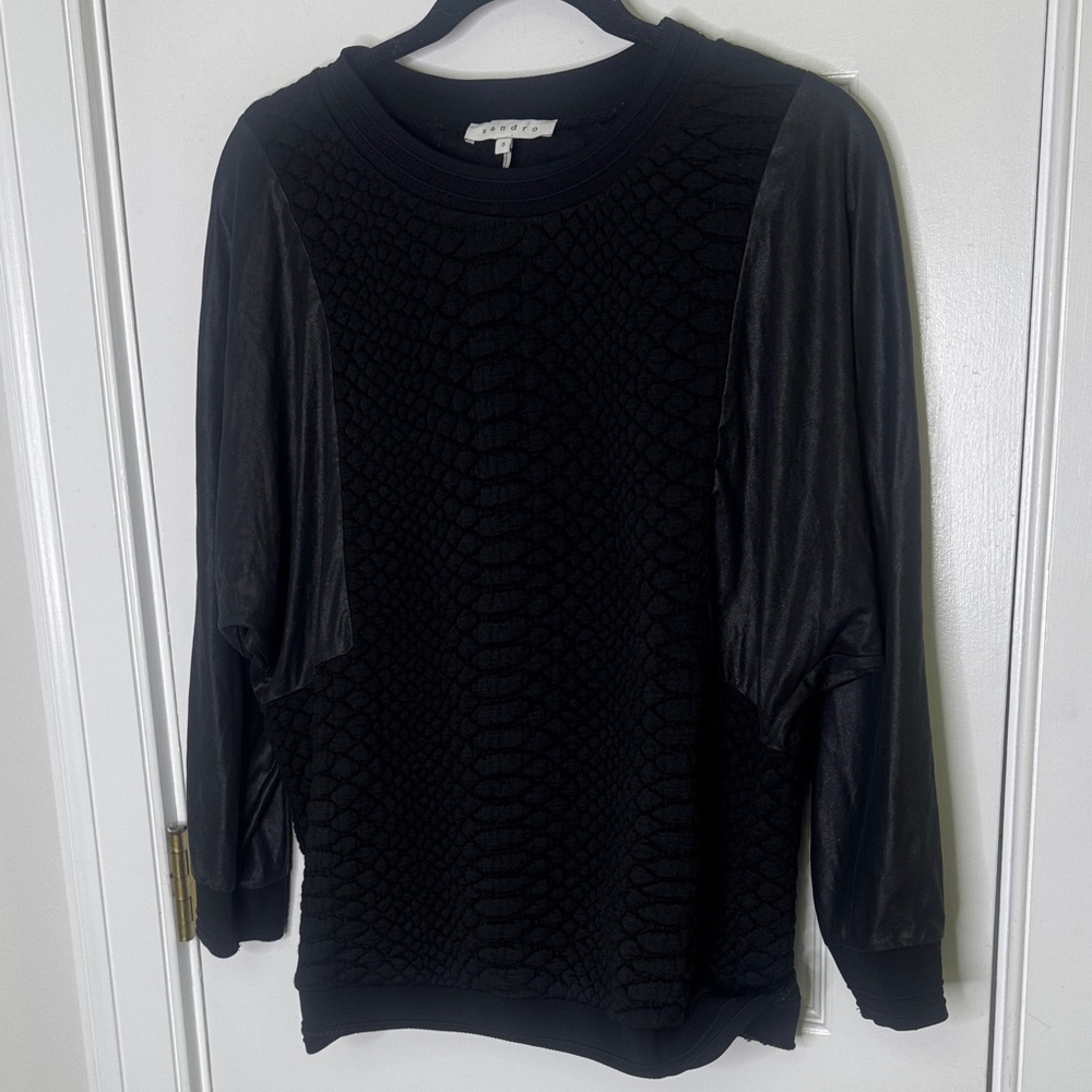 💫Sandro Paris Black Mixed Media Top Faux Leather Sleeves Size M  💫 - Picture 5 of 10